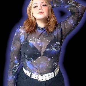 Horoscopez Galaxy Mesh Mock-Neck Long Sleeve Top